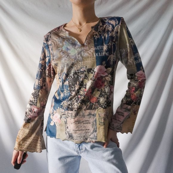 Vintage Tops - y2k boho fairy patchwork faux suede flare sleeve blouse top by one world
